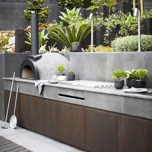 Minimalistic Outdoor Kitchen With Pizza Oven #pizzaoven #graycolor