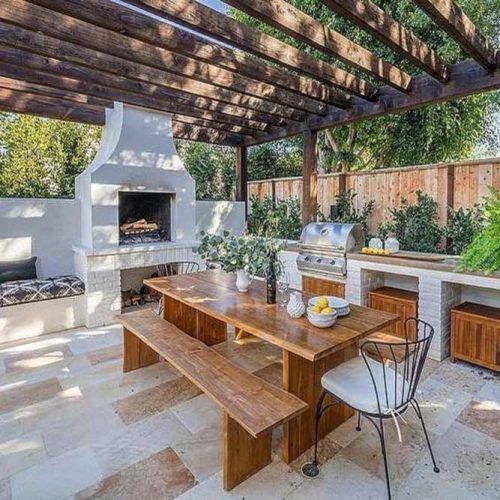 Outdoor Kitchen With An Oven And Sitting Area #sittingarea #pizzaoven