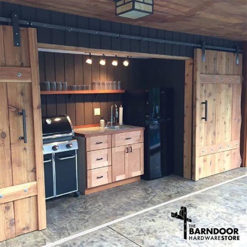 Wooden Outdoor Kitchen Area With Sliding Doors #rustickitchen #slidingdoor