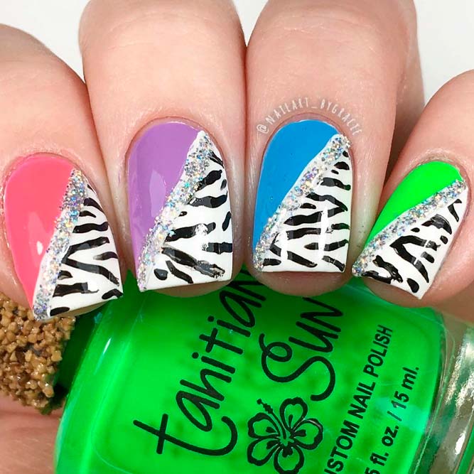 Colorful Diagonal Blocked Nail Design #glitternails #colorfulnails