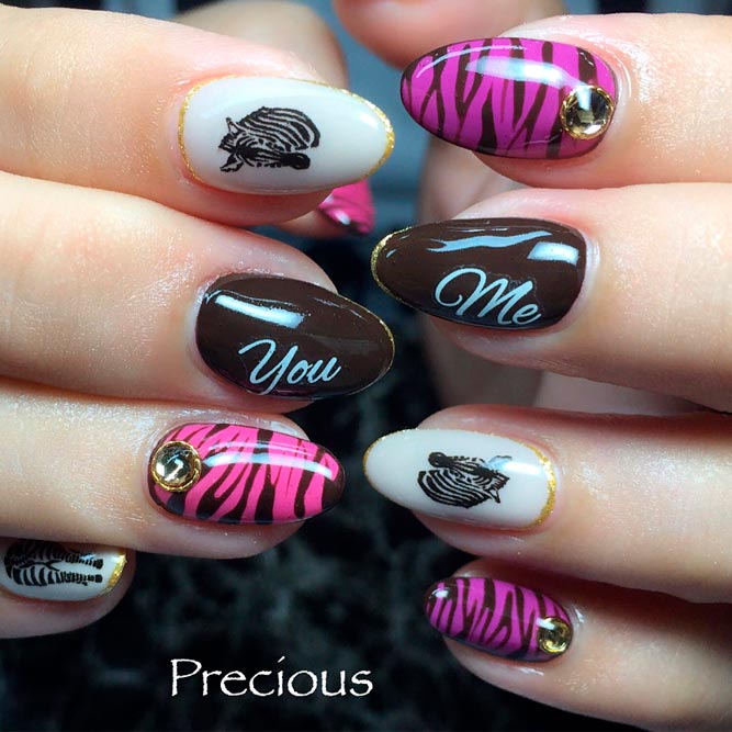 Zebra Nail Art With Rhinestones #rhinestonesnails #brightnails