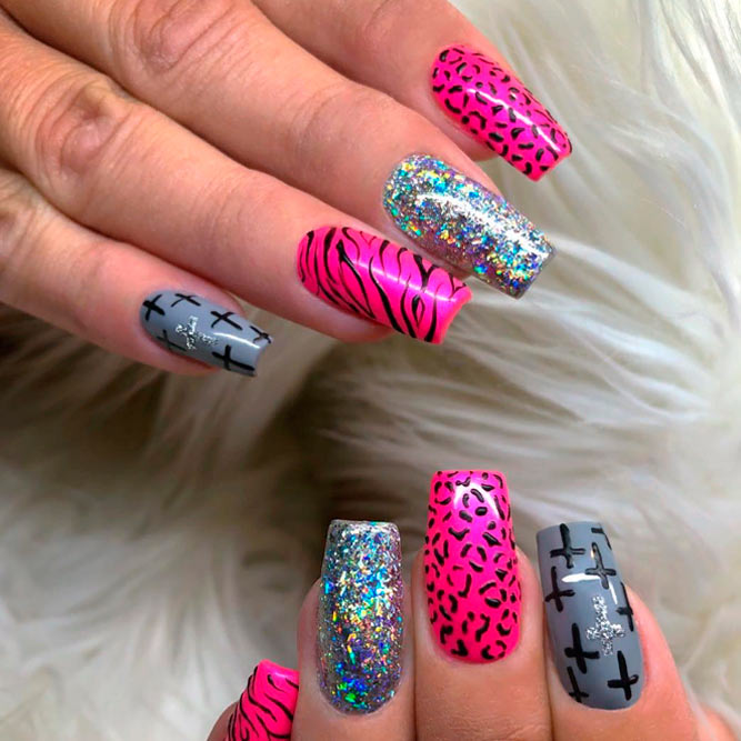 Wild Animals Pattern Combo #brightnails #pinknails