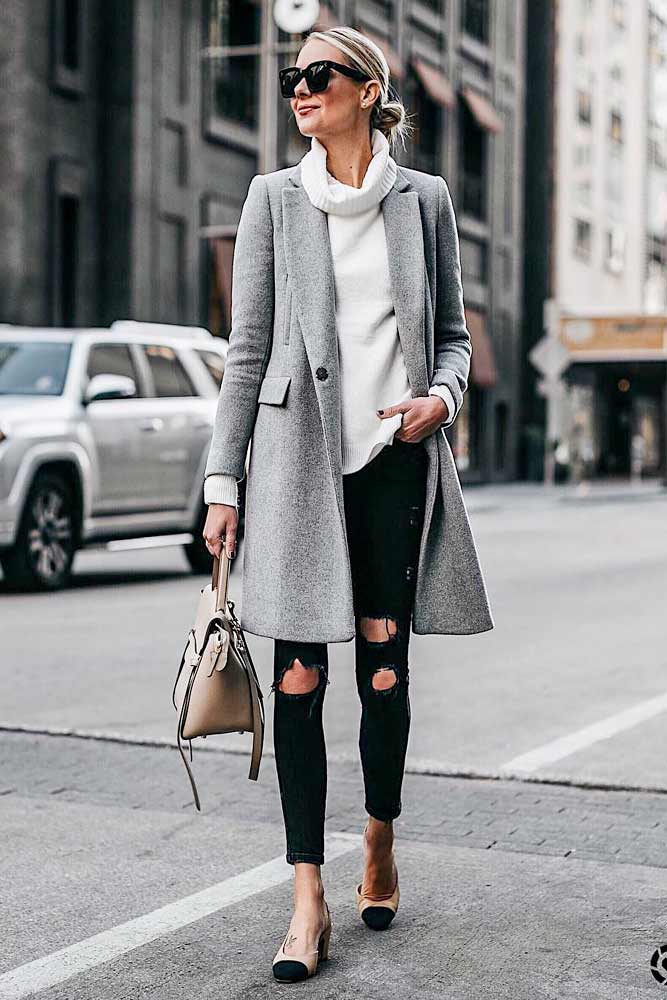 Ripped Jeans With Classy Grey Coat And White Sweater #rippedjeans #greycoat