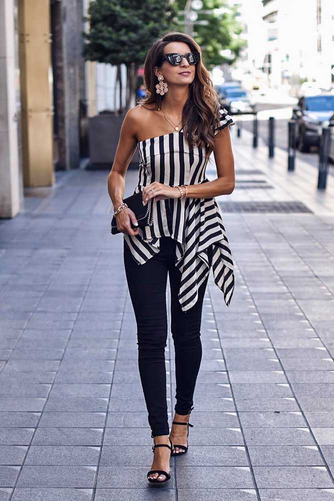 Black Jeans With One Shoulder Striped Top #oneshouldertop #stripedtop