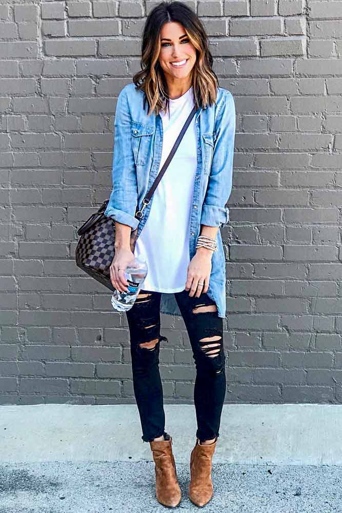 Outfits With Long Denim Shirt And Ripped Jeans #rippedjeans