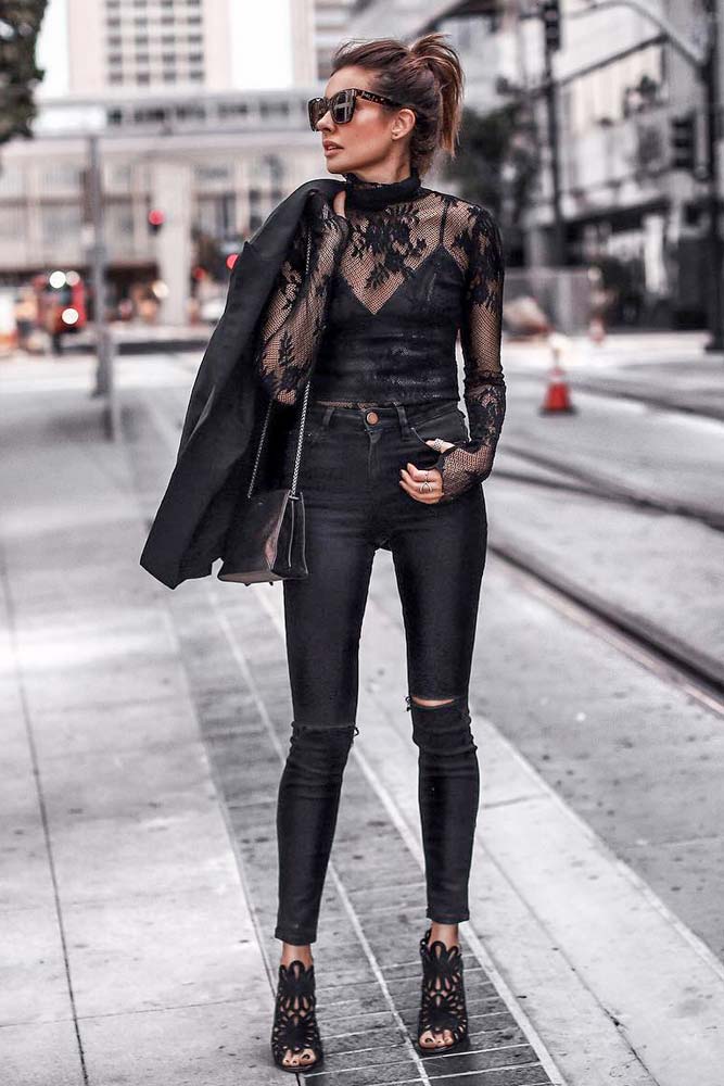 Ripped Jeans With Black Transparent Blouse And Top Underneath #rippedjeans #highwaistedjeans