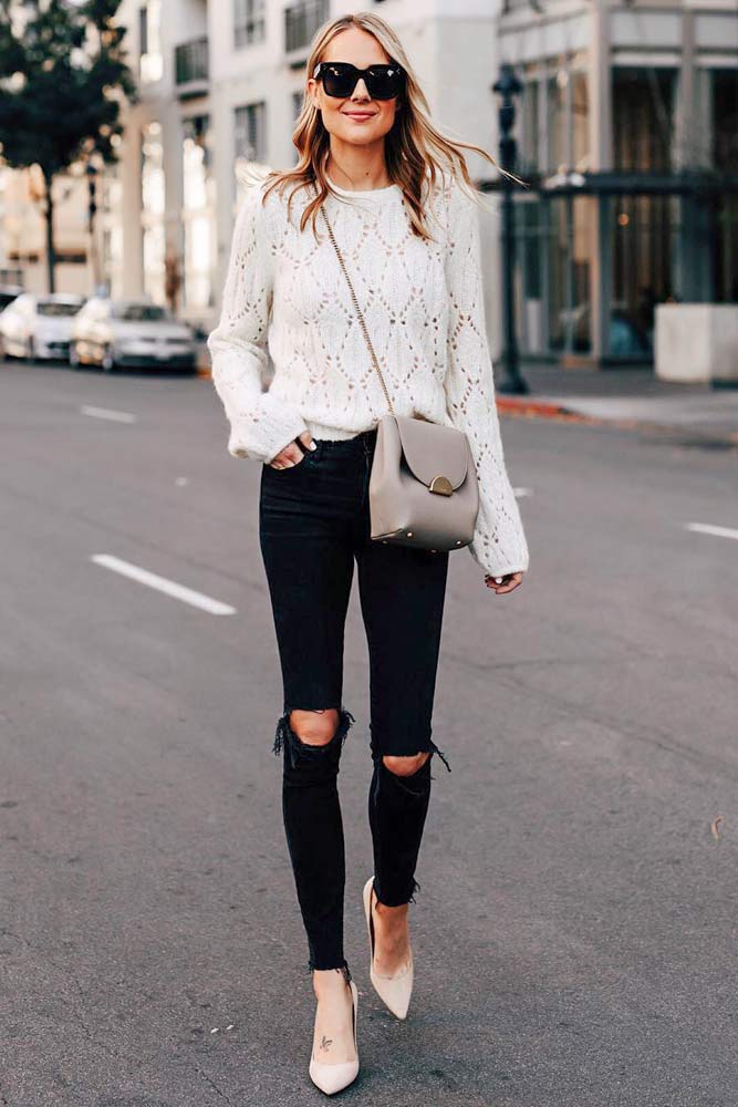 Classy Milk Sweater And Same Colored Heels With Ripped Jeans #rippedjeans