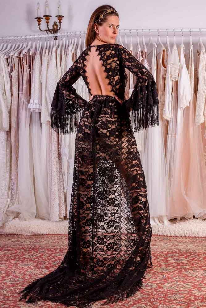 Bohemian Guipure Black Wedding Dress #bohoweddingdress #backlessdress