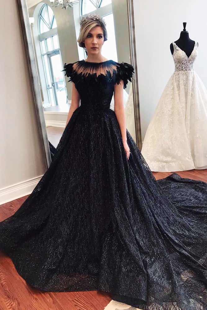 Black Wedding Dress With Feathers Top #feathersdress #weddinggown