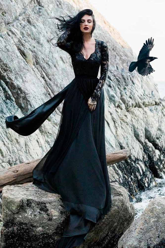 Gothic Black Dress With Lace Sleeves #gothicweddingdress #uniqueweddingdress