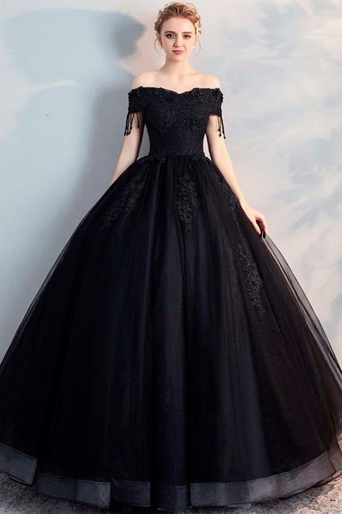 Off-The-Shoulder A-Line Black Dress #weddinggown #blackdress