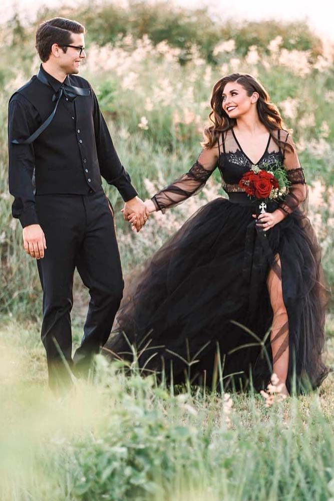 Black Tulle Dress With Long Sleeves #sleeveweddingdress #weddinggown