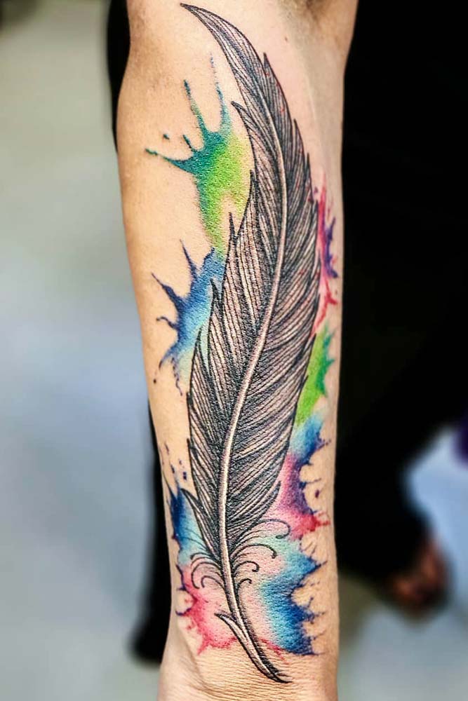 Feather Tattoo With Watercolor Elements #watercolortattoo