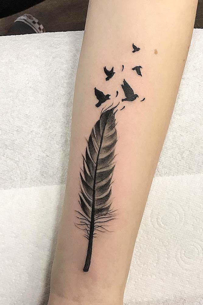 Black Feather Tattoo With Birds #armtattoo