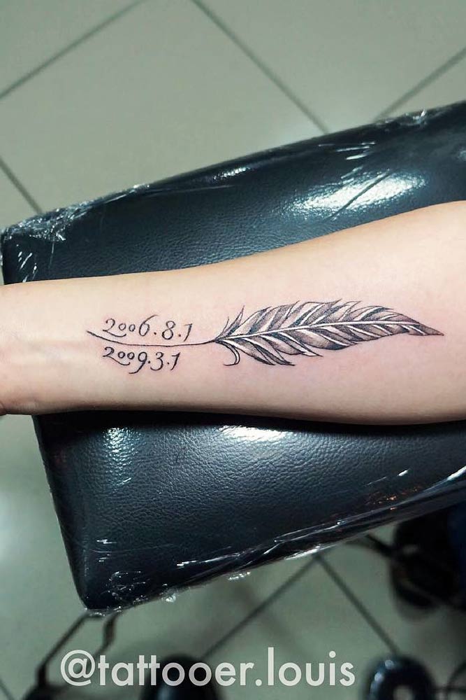 Feather Tattoo With Memorial Date #datetattoo