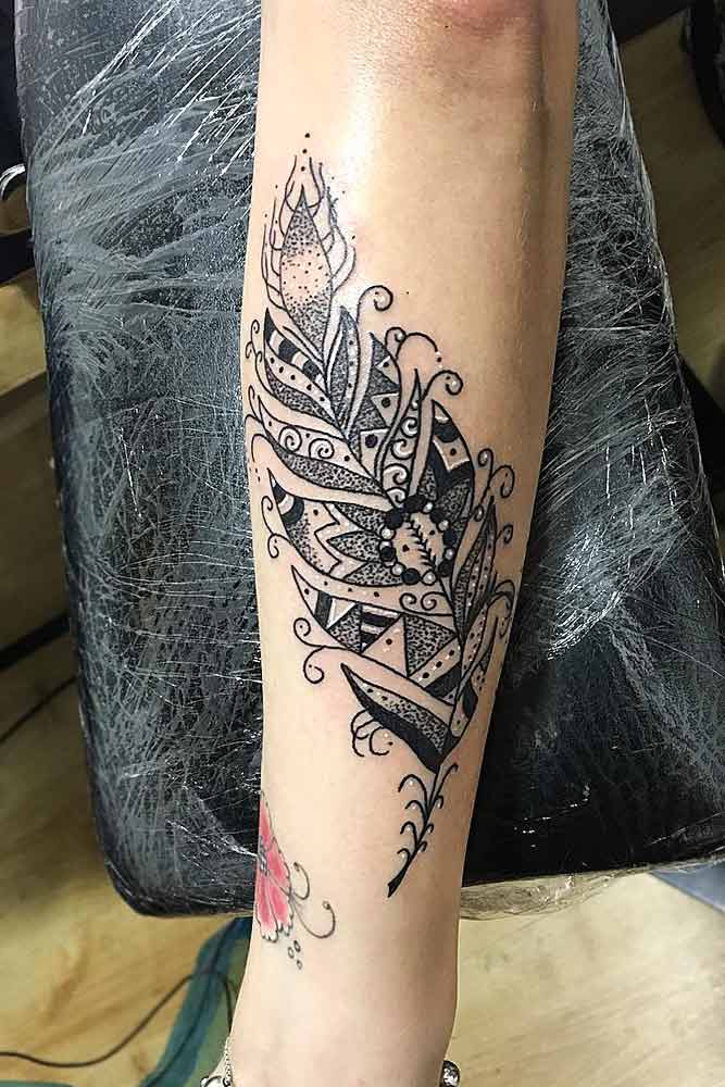 Feather Tattoo In Ornamental Style #ornamentaltattoo #blacktattoo