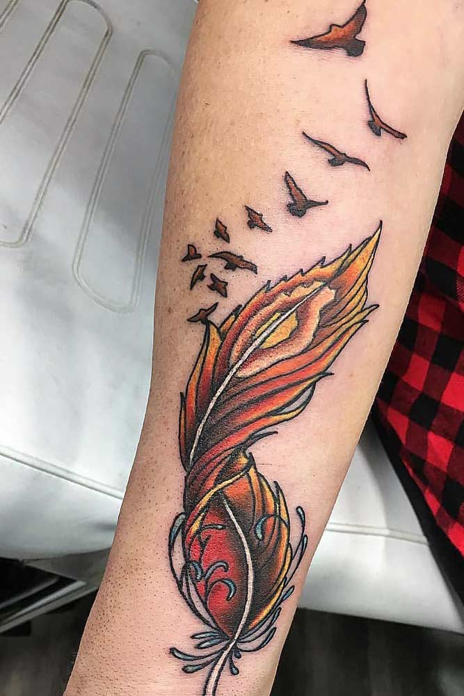 Phoenix Feather Tattoo With Birds #phoenixfeathertattoo