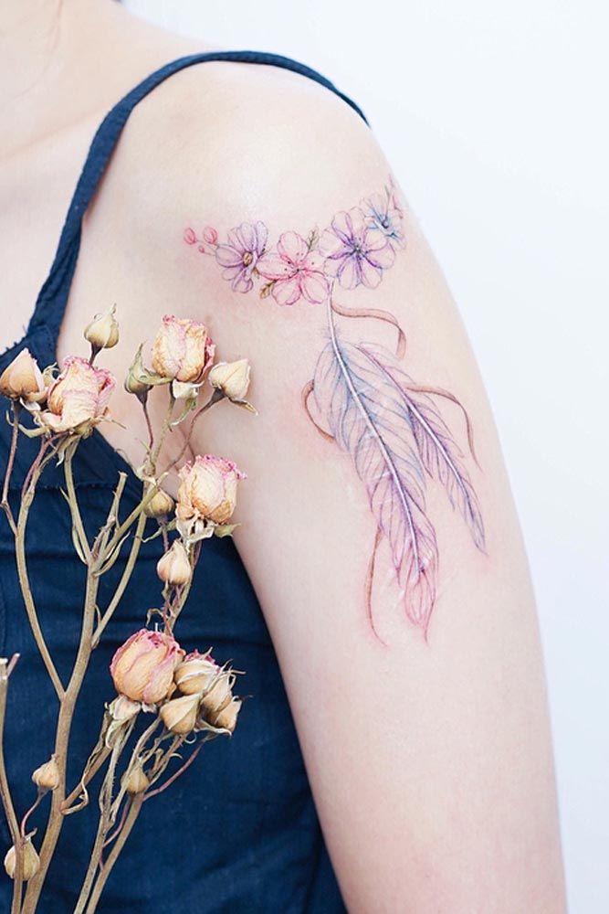Watercolor Feather Tattoo With Flowers #watercolortattoo #flowerstattoo