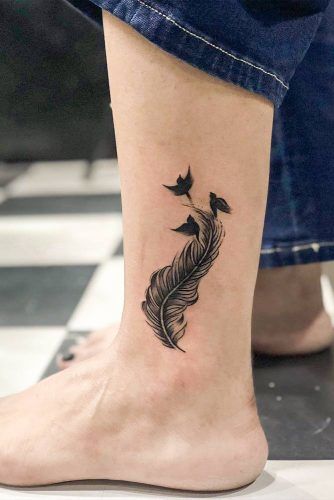 Small Leg Feather Tattoo Design #featherwithbirdstattoo