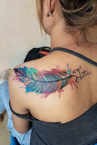Feather Tattoo On Shoulder #shouldertattoo #watercolortattoo