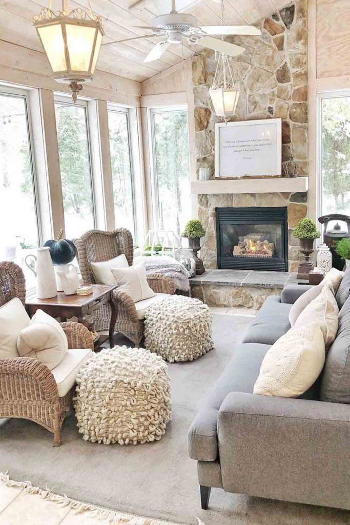 Rustic Sunroom With Fireplace #fireplace