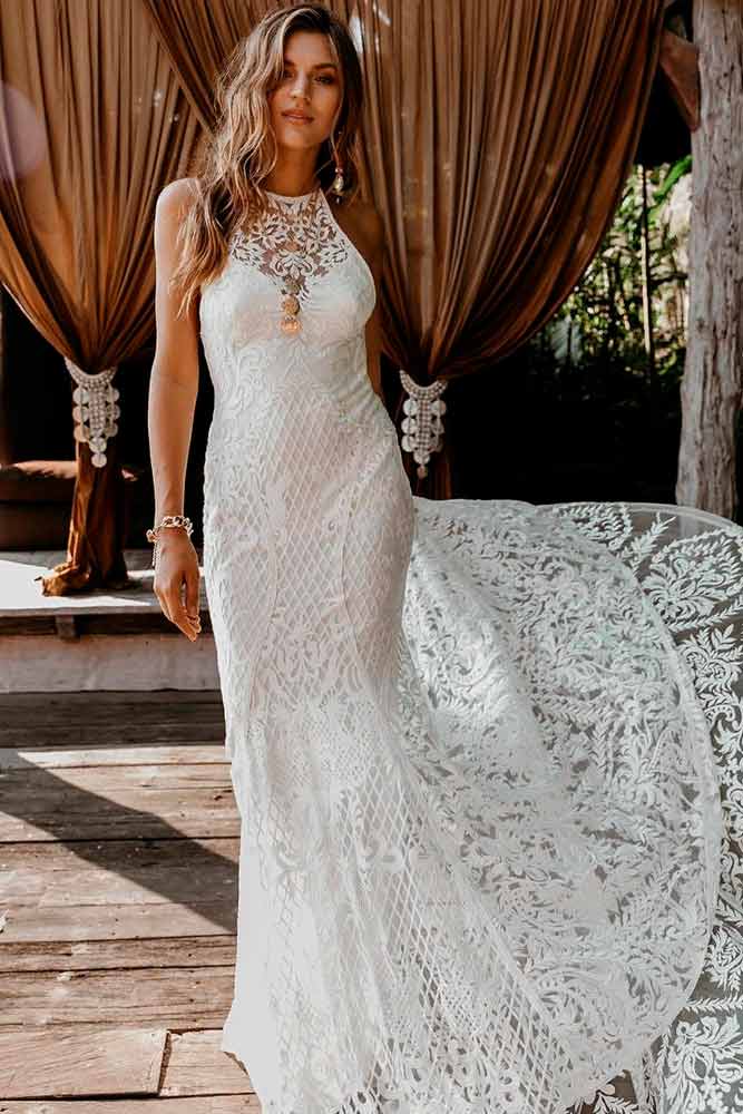 Boho Lace Wedding Dress With Halter Neck #boholacedress #bohoweddingdress
