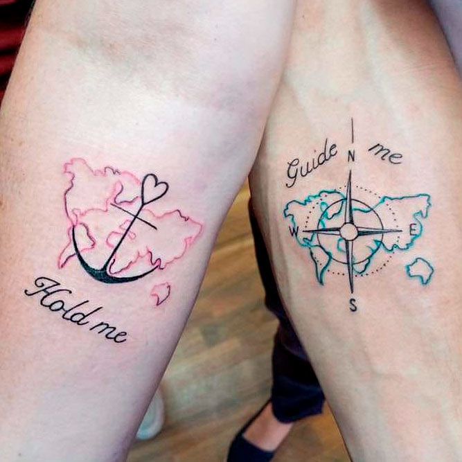 Couple Tattoos With Ancor And Compass #ancortattoo #compasstattoo