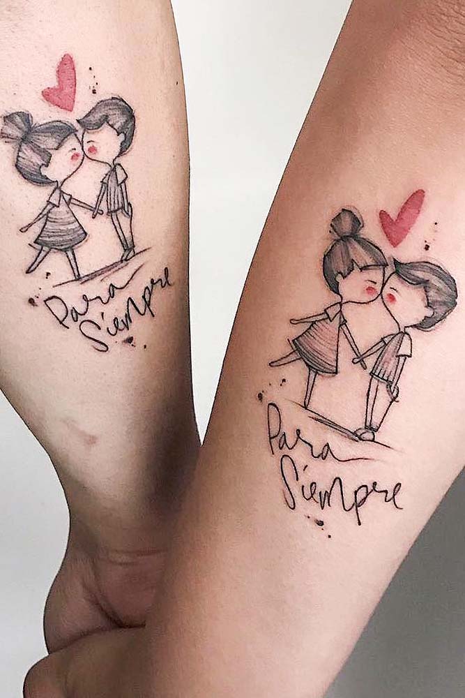 Cute Couple Tattoo With Lettering 