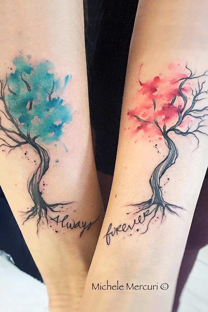 Tatuagem de casal em aquarela com árvores #treetattoo #watercolortattoo