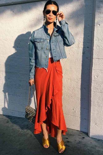 orange dress with denim jacket