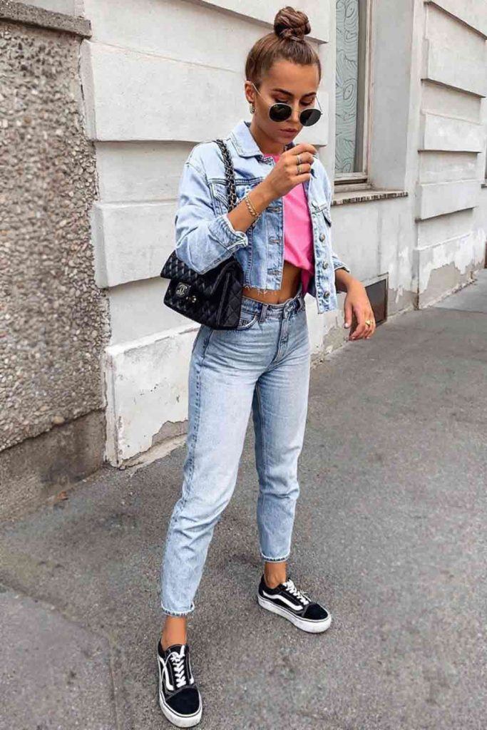 Denim jacket shop with pink shirt