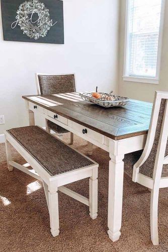 Brown And White Table With Setting Furniture Set #chairs #bench