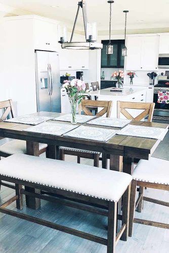 Wooden Farmhouse Table With Upholstered Furniture #bench #chairs