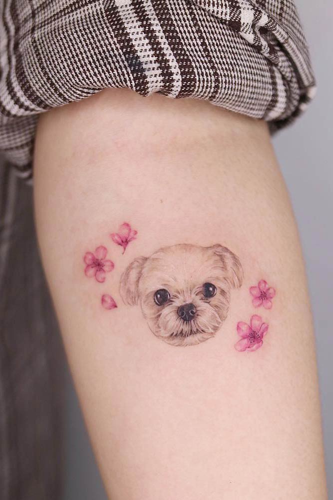 Cherry Blossom Tattoo Design With Pet #pettattoo #dogtattoo