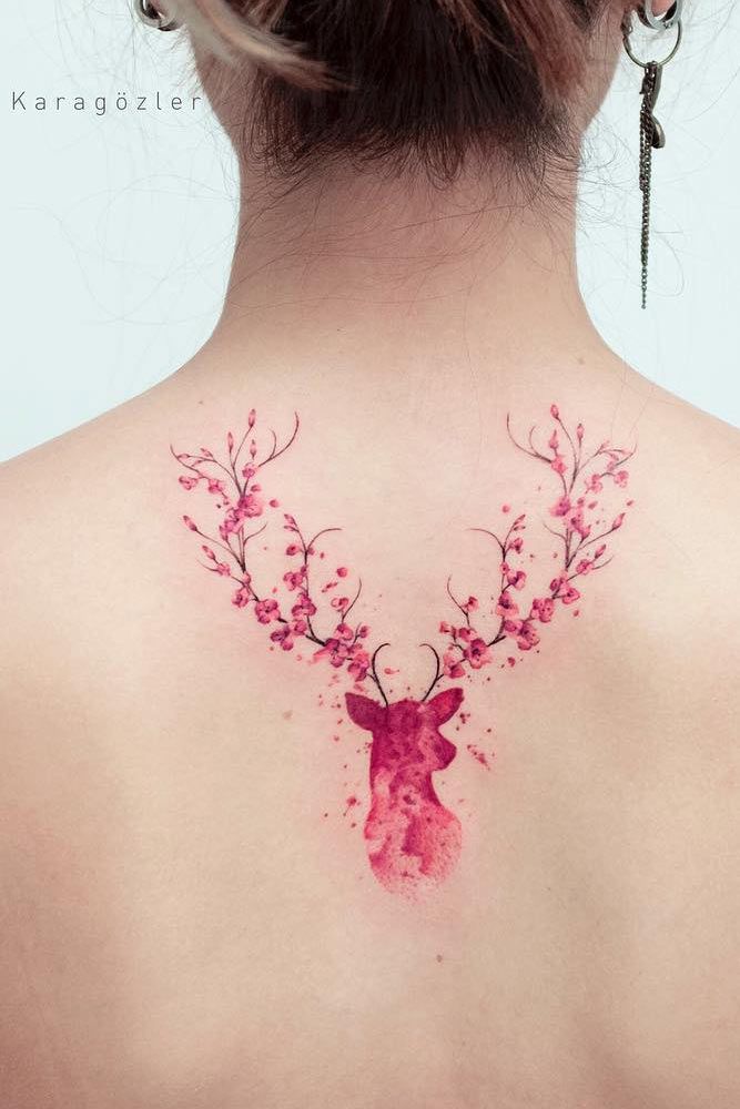 Blossom Deer Tattoo On Back #backtattoo #deertattoo