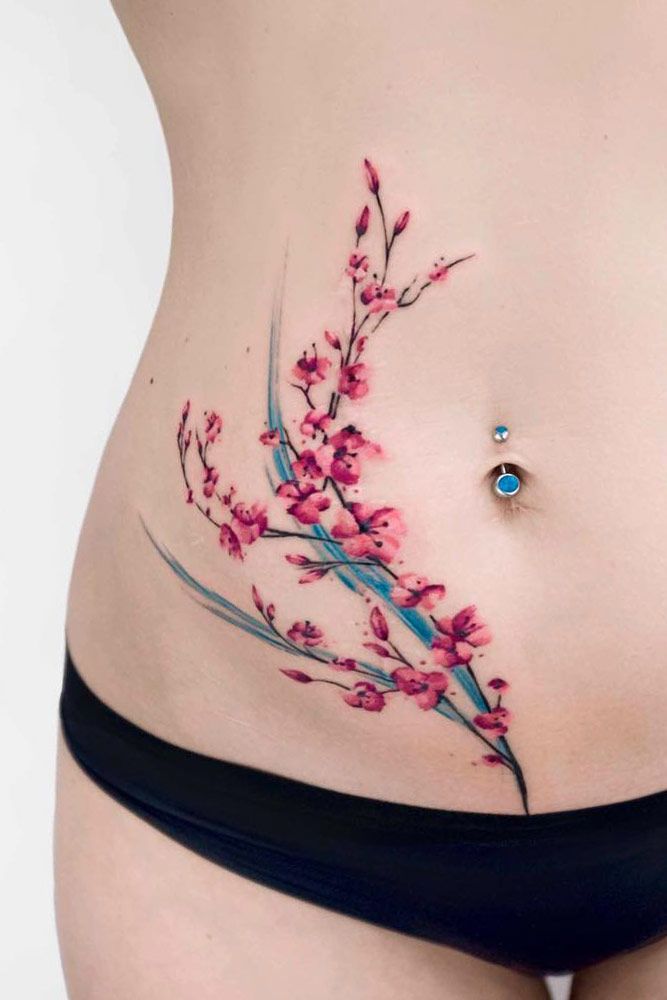 Cherry Branch Tattoo Design For Belly #bellytattoo #watercolortattoo