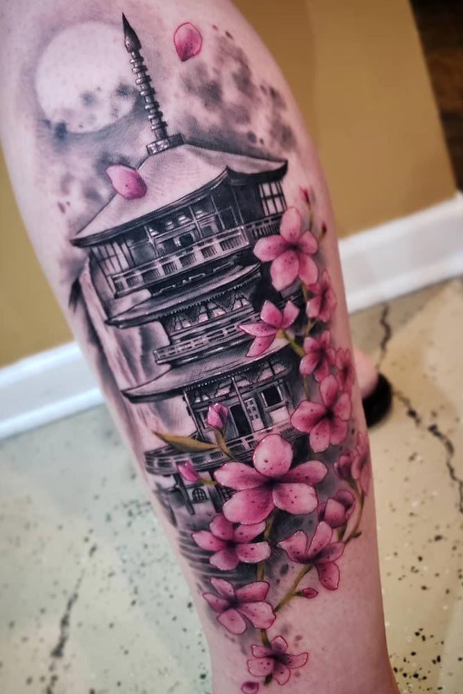 Big Cherry Blossoms And Pagoda Tattoo Design #blackandwhitetattoo 