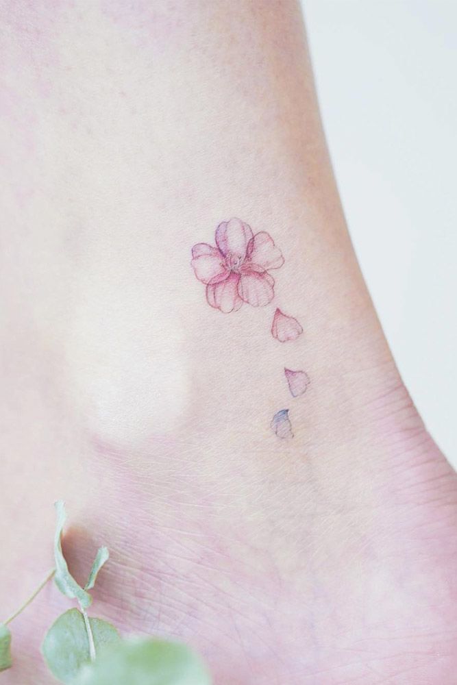 Tiny Watercolor Cherry Blossom Tattoo On Leg #ankletattoo #legtattoo #tinytattoo