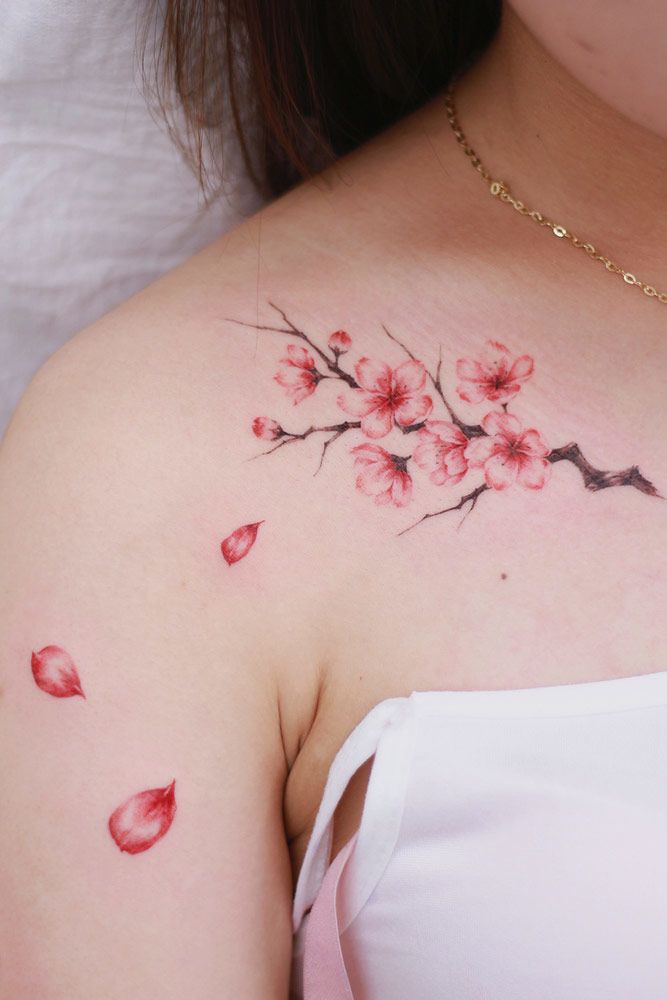 Cherry Flowers Tattoo With Falling Petals #cherrybranchtattoo