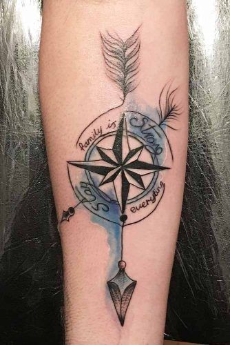Compass Tattoo Design With Watercolor Accents #watercolortattoo #arrowtattoo