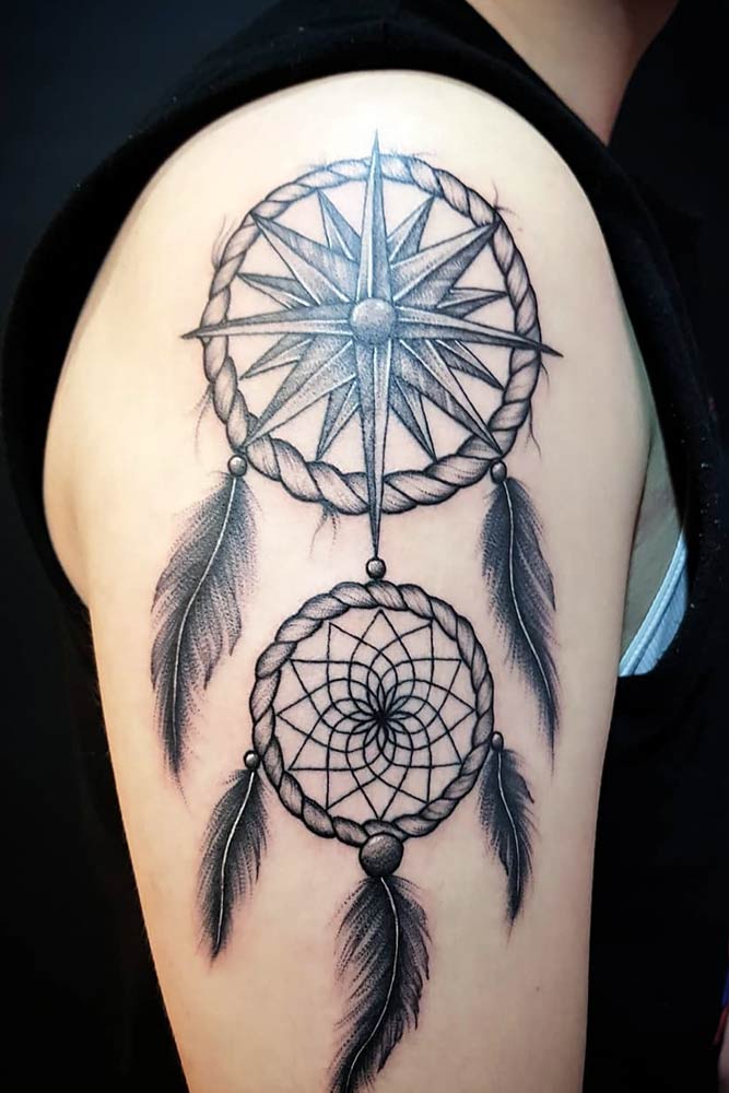 Compass Tattoo With Dream Catcher #dreamcatchertattoo