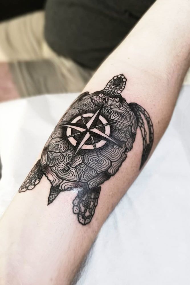 Compass Tattoo Design Combined With Turtle Tattoo #turtletattoo