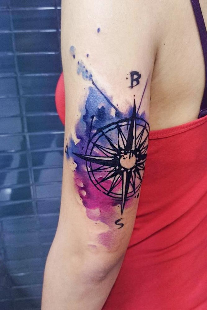 Watercolor Compass In Galaxy Colors #armtattoo #galaxytattoo