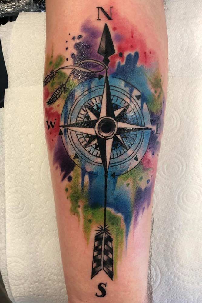 Watercolor Compass With Arrow Design #arrowtattoo #watercolortattoo