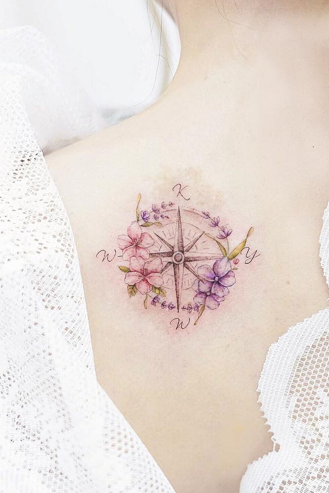 compass tattoo back flowers watercolor