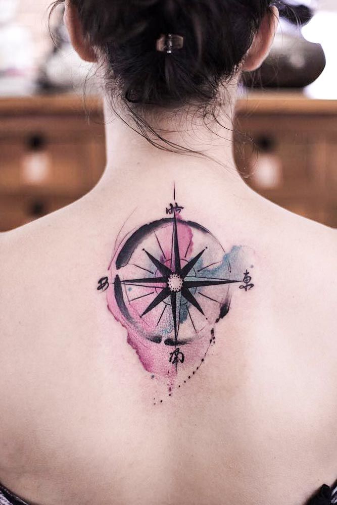 Watercolor Compass Tattoo Design On Back #watercolortattoo #backtattoo