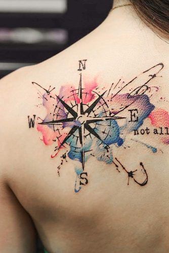 Watercolor Compass Tattoo On Back With Lettering #watercolortattoo #backtattoo