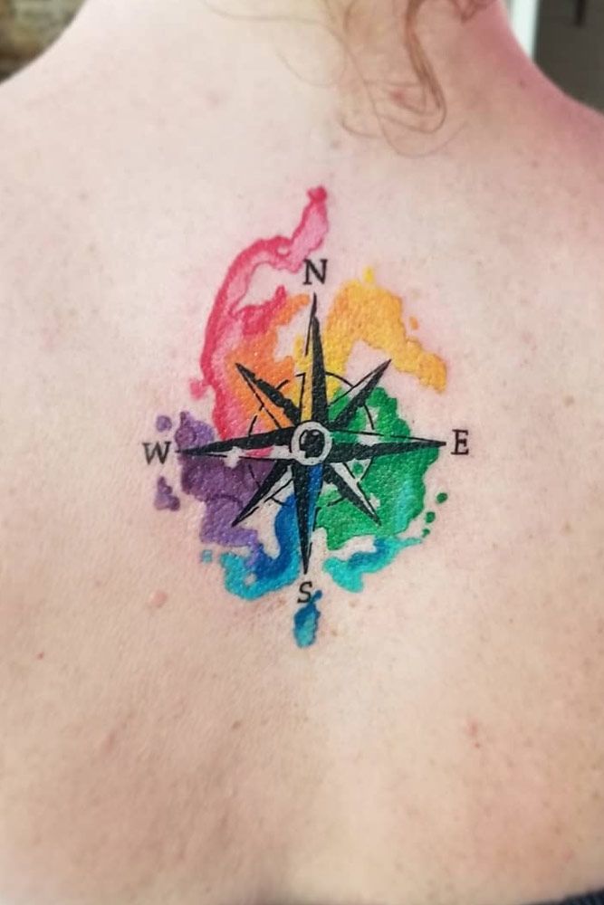 Compass Tattoo With Rainbow Colors #backtattoo #watercolortattoo