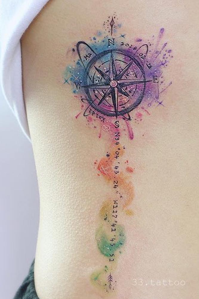Watercolor Compass Tattoo On A Side #watercolortattoo #sidebodytattoo