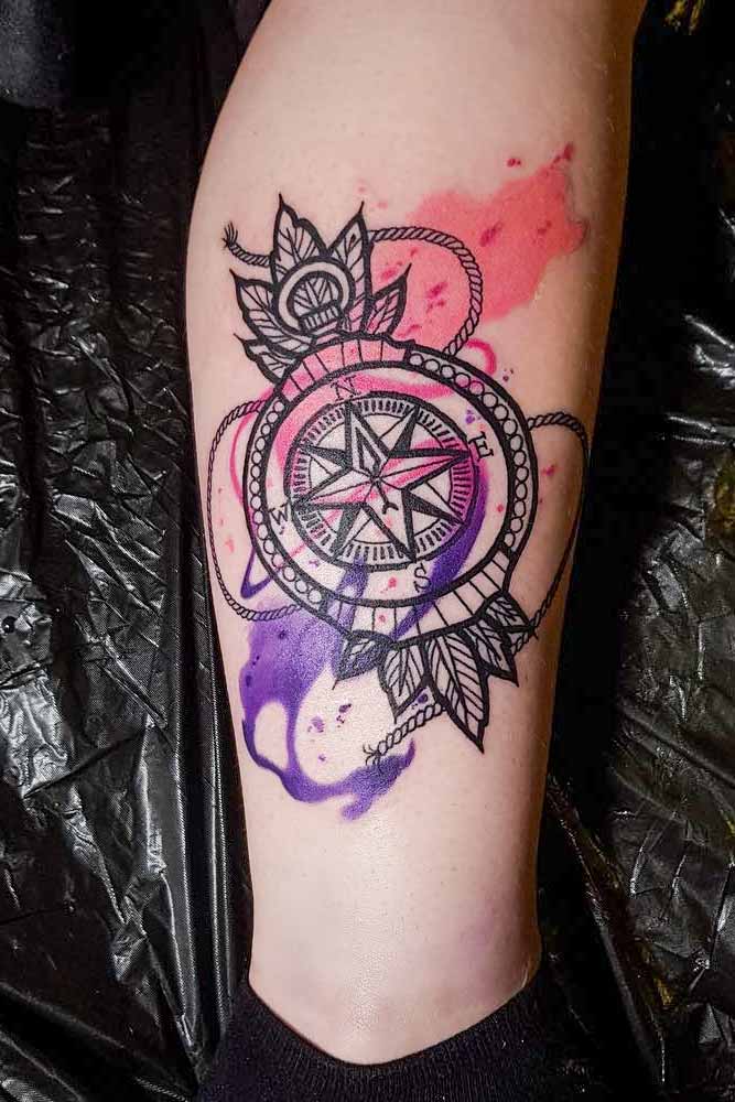 Ornamental And Watercolor Compass Tattoo Design #watercolortattoo